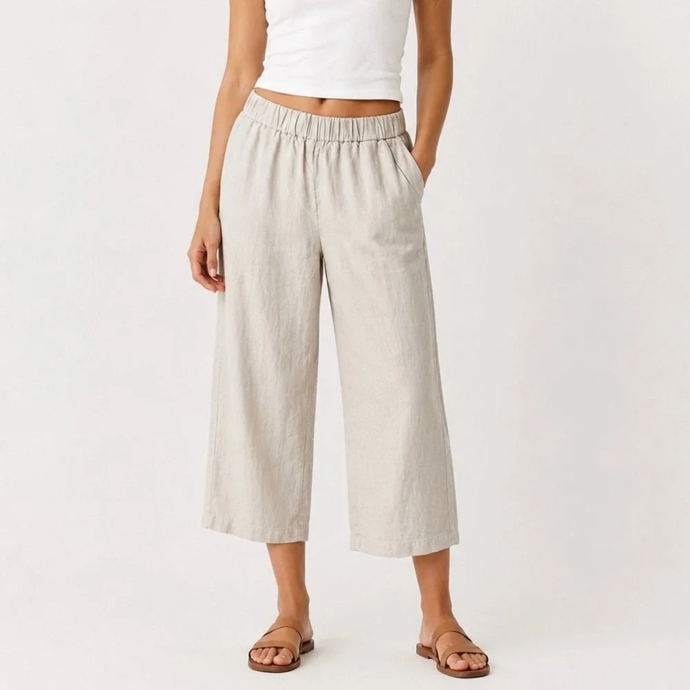 Quince 100% European Linen Elastic Waist Wide Leg Pants Driftwood Tan Size XS